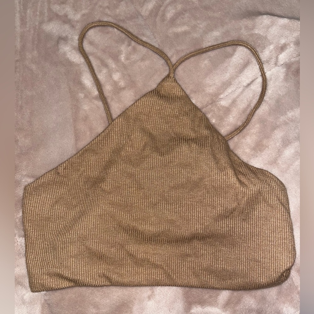 White fox small tie up back crop top tan size small